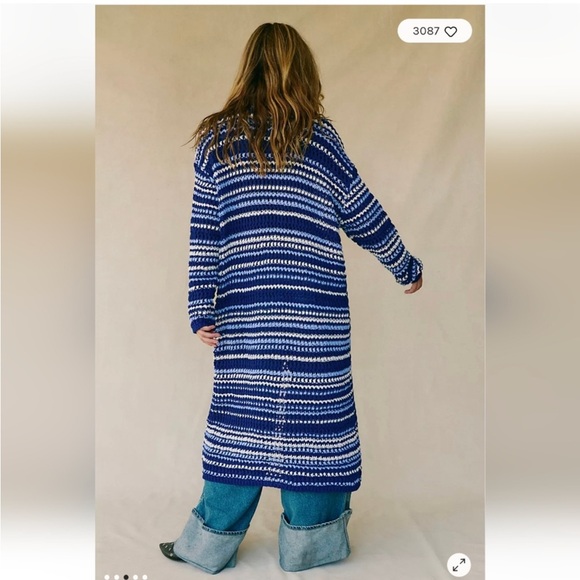 NWT Free People 💙 🤍 Colette Small Sweater Cardigan Navy Blue White $98 Pockets - Picture 2 of 7